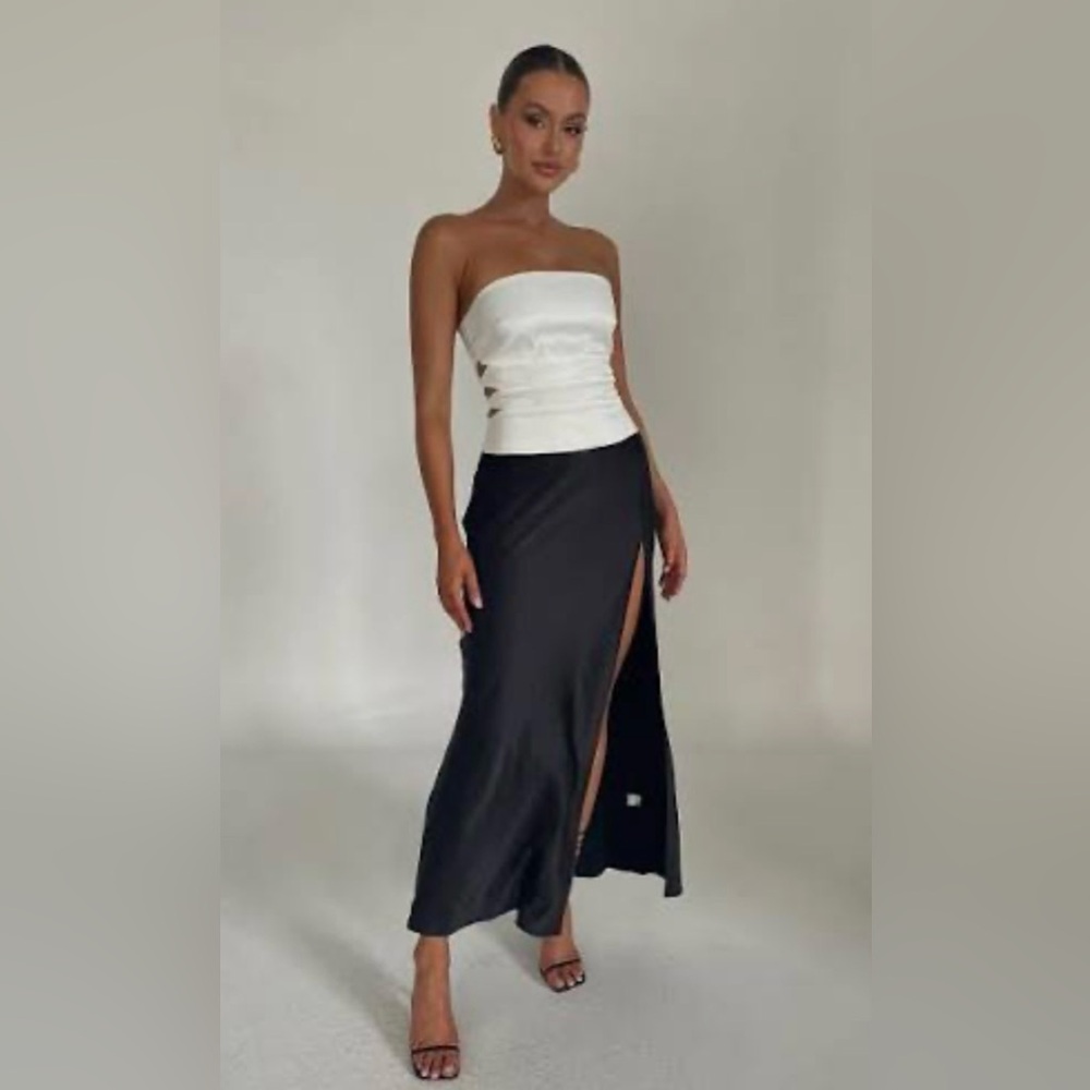 Meshki Brooklyn Two Tone Cut Out Satin Strapless Maxi Dress Cocktail Formal